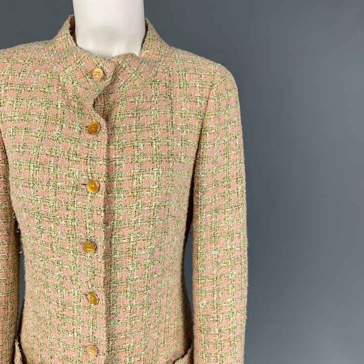 CHANEL 2005 Size 4 Pink Light Green Pink Boucle Cotton Blend Houndstooth Coat