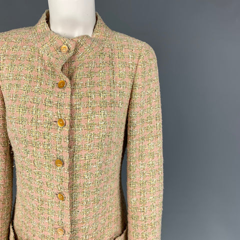CHANEL 2005 Talla 4 Rosa Verde claro Rosa Abrigo de pata de gallo en mezcla de algodón boucle