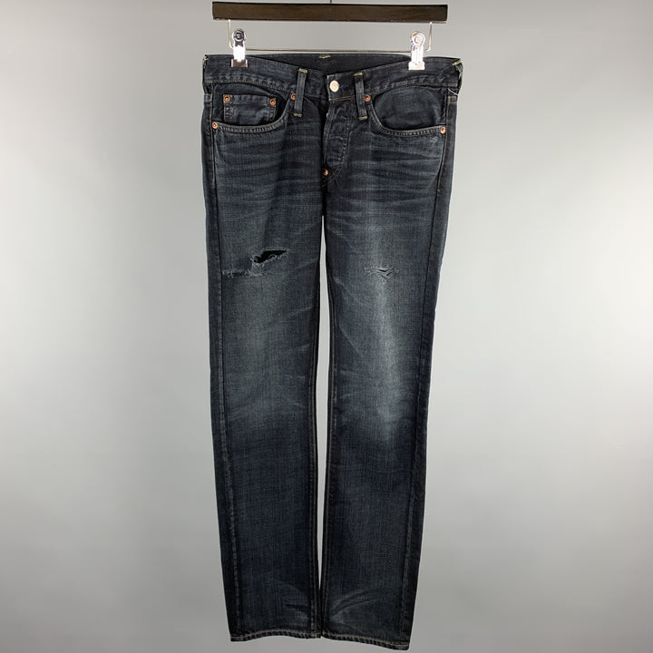 EVISU Size 30 Black Washed Cotton Button Fly Jeans