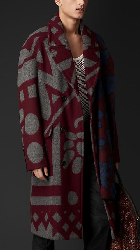 BURBERRY PRORSUM Fall 2014 Size 46 Burgundy Grey Floral Double Breasted Coat