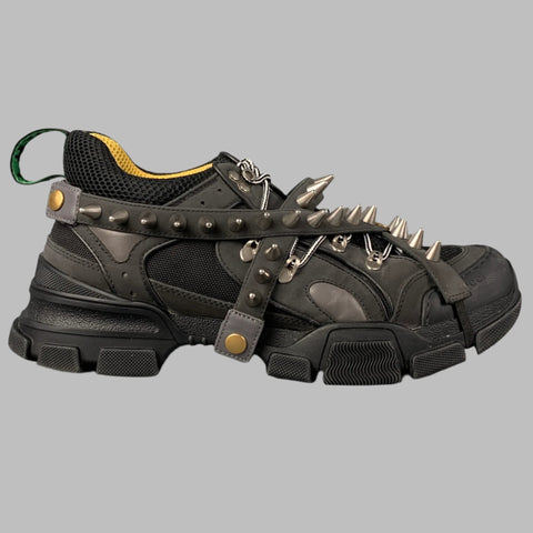 GUCCI Size 11 Black Flashtrek Spikes Canvas Leather Trim Sneakers