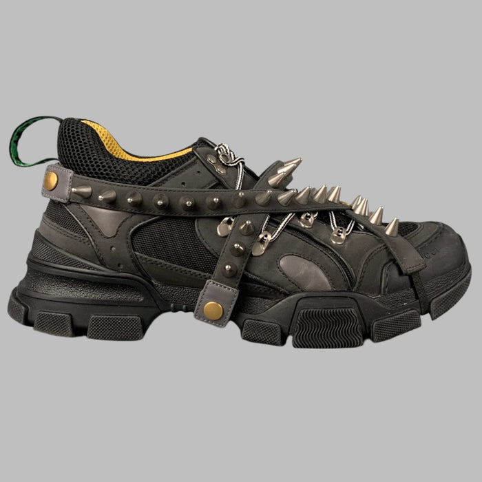 GUCCI Size 11 Black Flashtrek Spikes Canvas Leather Trim Sneakers