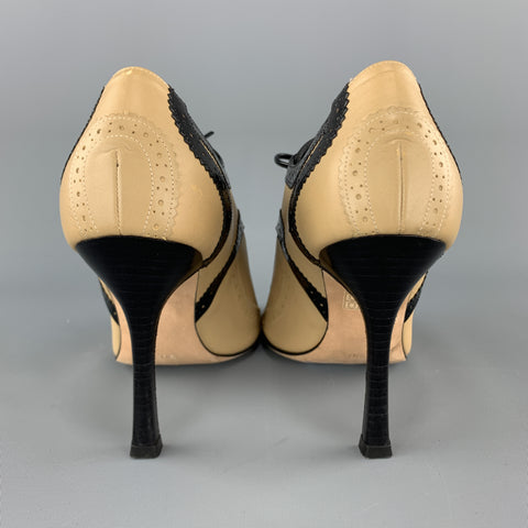 CAROLINA HERRERA Size 8 Beige & Back Leather Peep Toe Oxford Booties