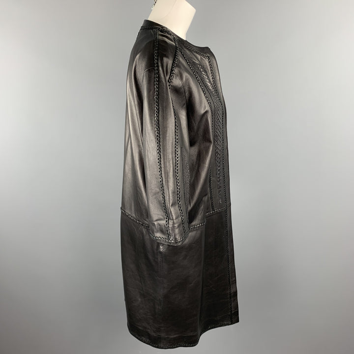 GIZIA Size 4 Black Leather Lamb Skin Braided Open Front Coat