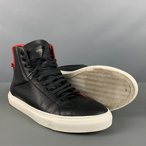 GIVENCHY Size 10 Black Red & White Color Block Leather High Top Sneakers