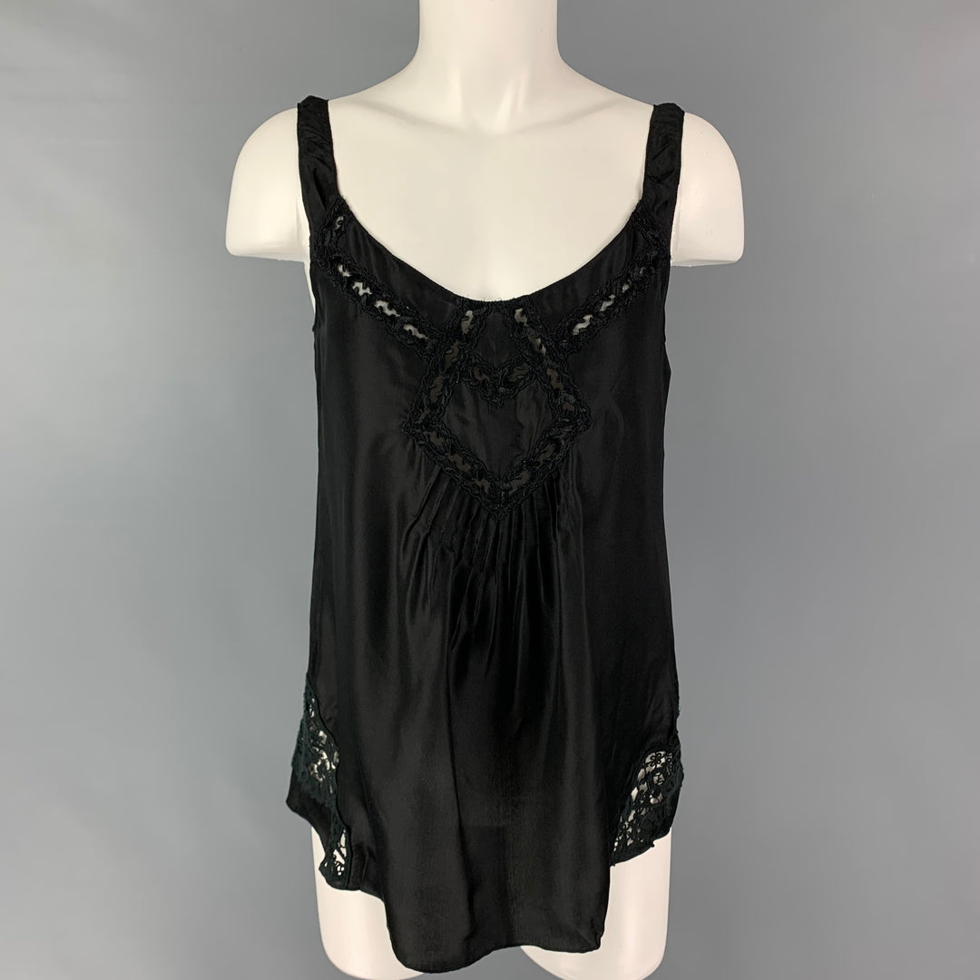REBECCA TAYLOR Size 0 Black Silk Embroidered Camisole Casual Top