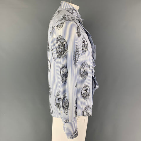 Vintage MOSCHINO JEANS Size L Blue Black White Print Cotton Ruffle Long Sleeve Shirt