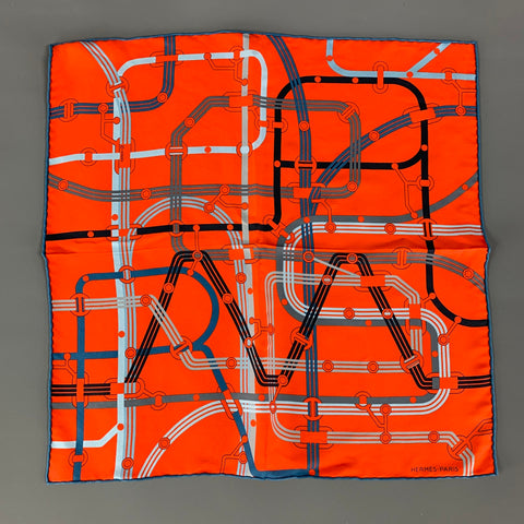 HERMES Orange Blue Equestrian Silk Pocket Square