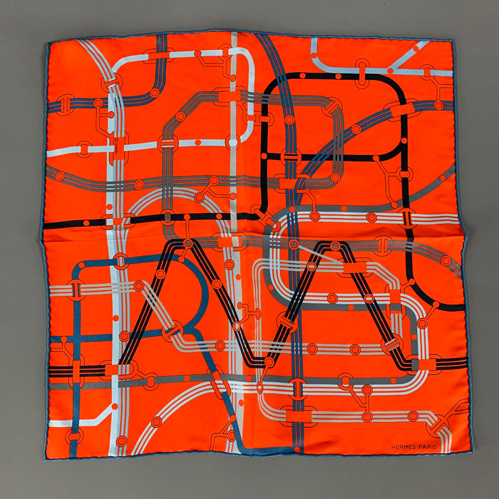 HERMES Orange Blue Equestrian Silk Pocket Square