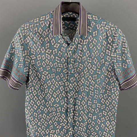 BURBERRY PRORSUM Spring 2013 Size S Teal & Purple Print Cotton Short Sleeve Shirt