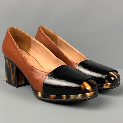 DRIES VAN NOTEN Size 7.5 Tan Black Leather Mixed Materials Platform Pumps