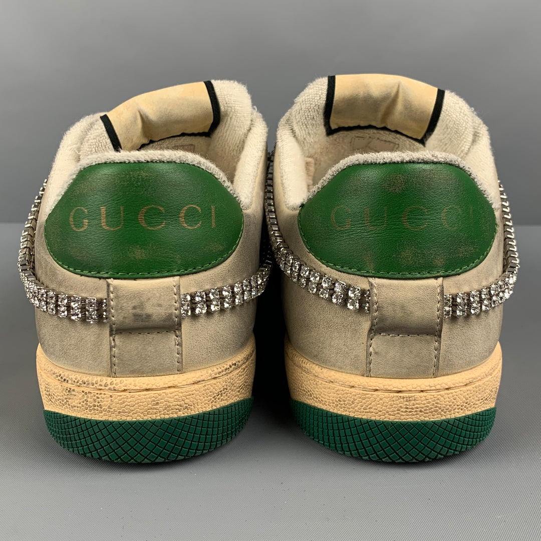 GUCCI Size 8 Off White Distressed Leather Lace Up Crystal Screener Sneakers