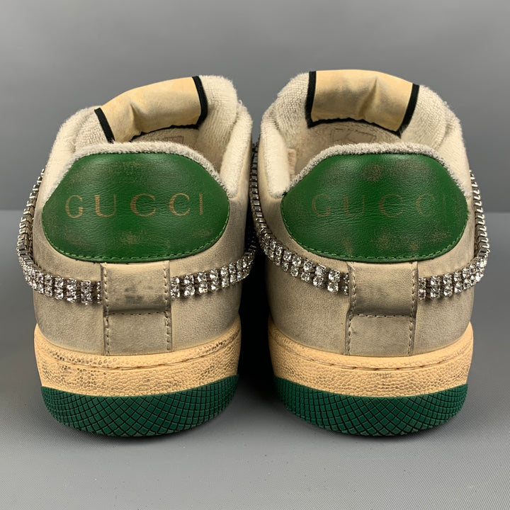 GUCCI Size 8 Off White Distressed Leather Lace Up Crystal Screener Sneakers