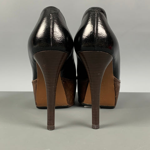 MARNI Size 5.5 Black Brown Two Tone Patent Leather Platform Pumps