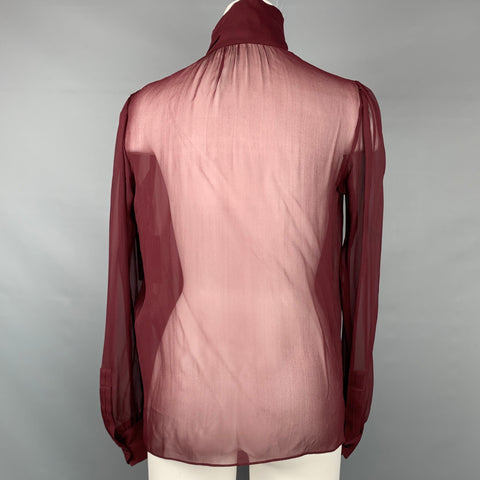 SAINT LAURENT SS 2021 Size 4 / 36 Burgundy Sheer Silk Crepe Turtleneck Blouse