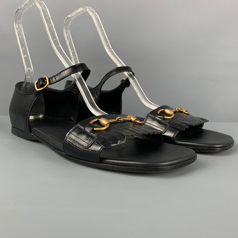 GUCCI Size 13 Black Fringe Leather Horsebit Sandals
