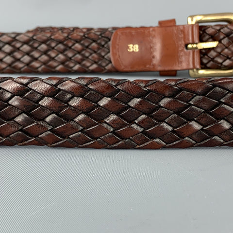 VINTAGE Size 38 Woven Black Leather Gold Brass Buckle Belt