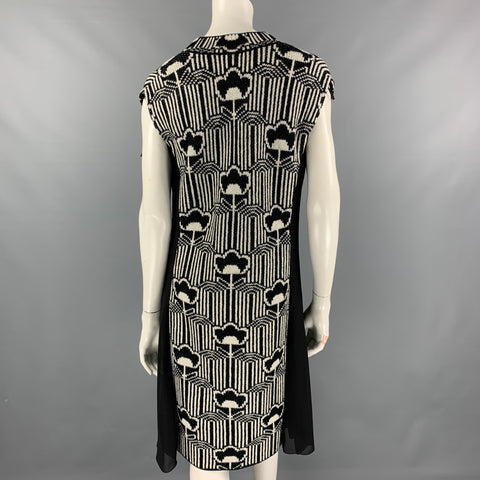 PRADA Fall '21 Size 2 Black & Off White Floral Crepe Wool / Silk Knitted V-Neck Dress