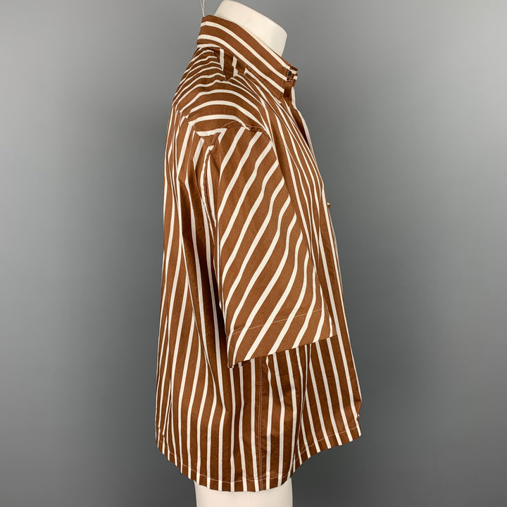 LANVIN Size S Brown & White Stripe Cotton Button Up Short Sleeve Shirt