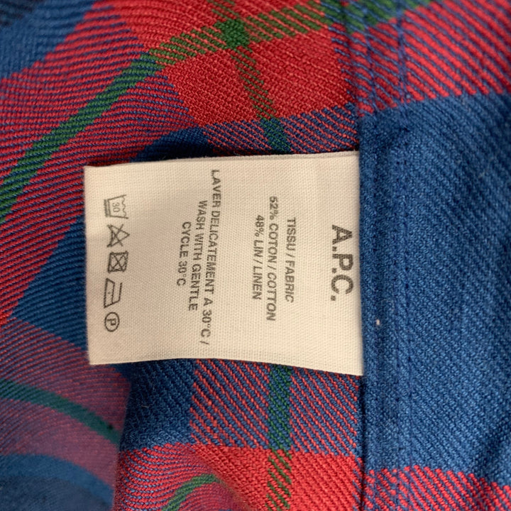 A.P.C. Size L Blue & Red Plaid Cotton / Linen Button Down Long Sleeve Shirt