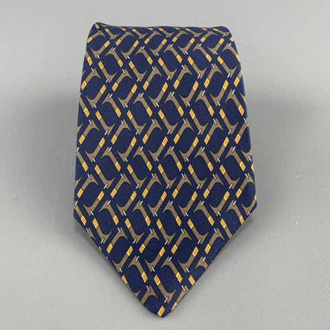 HERMES Print Navy & Brown Abstract Print Silk Tie 7147 FA