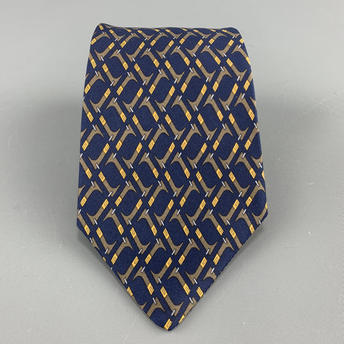 HERMES Print Navy & Brown Abstract Print Silk Tie 7147 FA