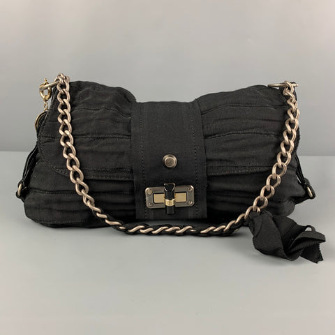 LANVIN Black Silver Textured Fabric Ribbon Shoulder Bag Handbag
