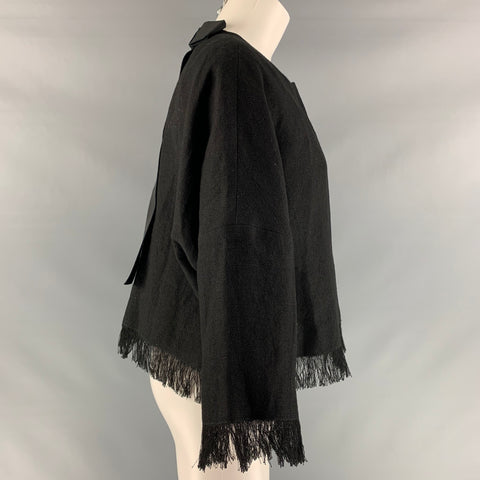 ANDREW GN Chaqueta con broches ocultos y flecos de lino negro talla 4