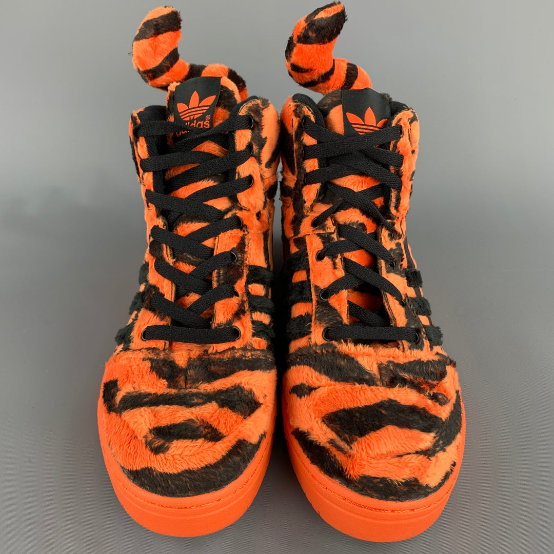 JEREMY SCOTT x ADIDAS Size 9 Orange & Black Tiger Print High Top Sneakers