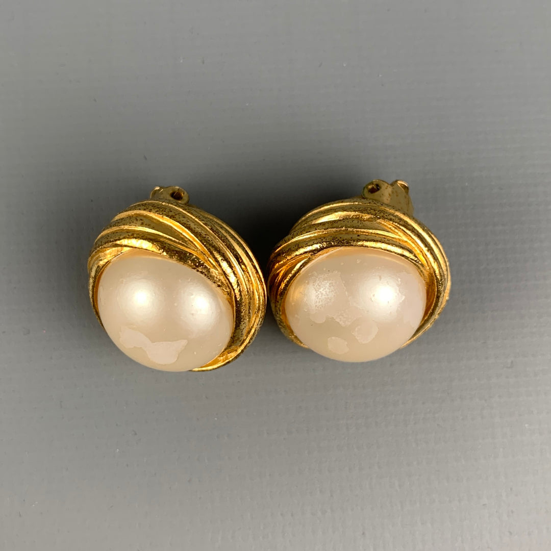 CHANEL Vintage Gold Tone Faux Pearl CC Logo Clip On Earrings