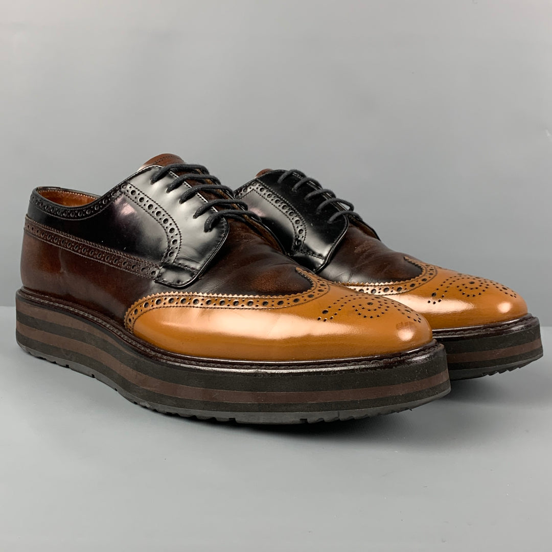 PRADA Size 10 Brown Tan Perforated Leather Wingtip Lace Up  display picture 3