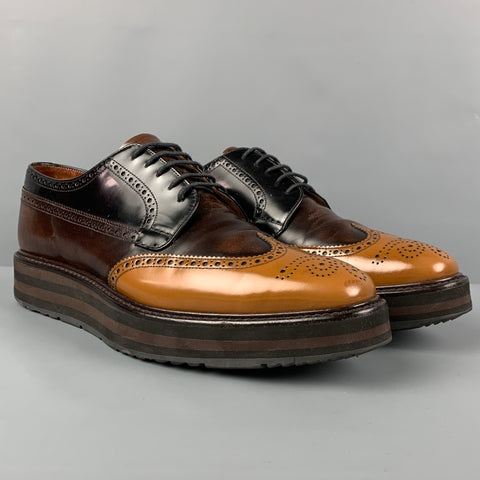 PRADA Size 10 Brown Tan Perforated Leather Wingtip Lace Up Shoes