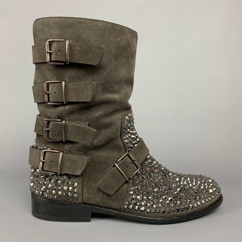 GIUSEPPE ZANOTTI Taille 10 Bottes de motard multi-sangles en daim cristal gris