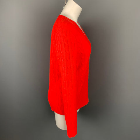 POLO par RALPH LAUREN Taille M Pull à col en V en cachemire tricoté torsadé orange