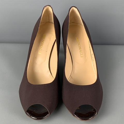BRUNO MAGLI Size 10 Brown Fabric Open Toe Pumps