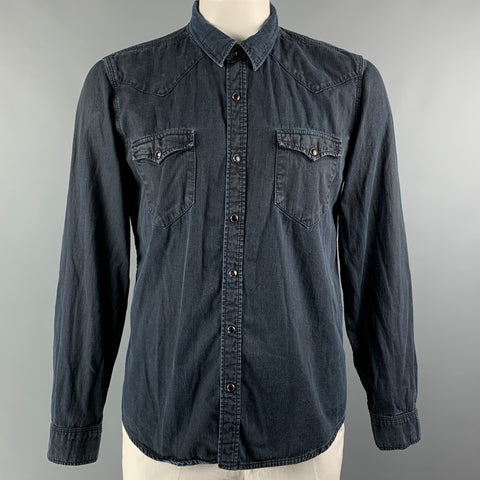 SANDRO Size XL Indigo Solid Cotton Western Long Sleeve Shirt