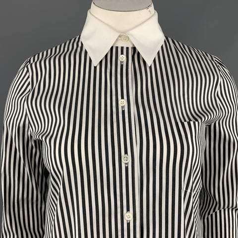 MICHAEL KORS Size 12 Black & White Striped Cotton Blend French Cuff Blouse