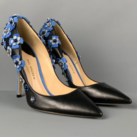 PAUL ANDREW Size 7 Black Blue Leather Floral Applique Pumps