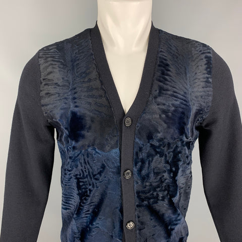 PRADA 2000 Size 40 Black & Navy Russian Broadtail Wool V-Neck Cardigan