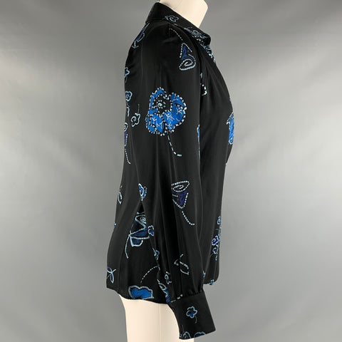 EMPORIO ARMANI Size 2 Black Blue Viscose Floral Blouson Casual Top