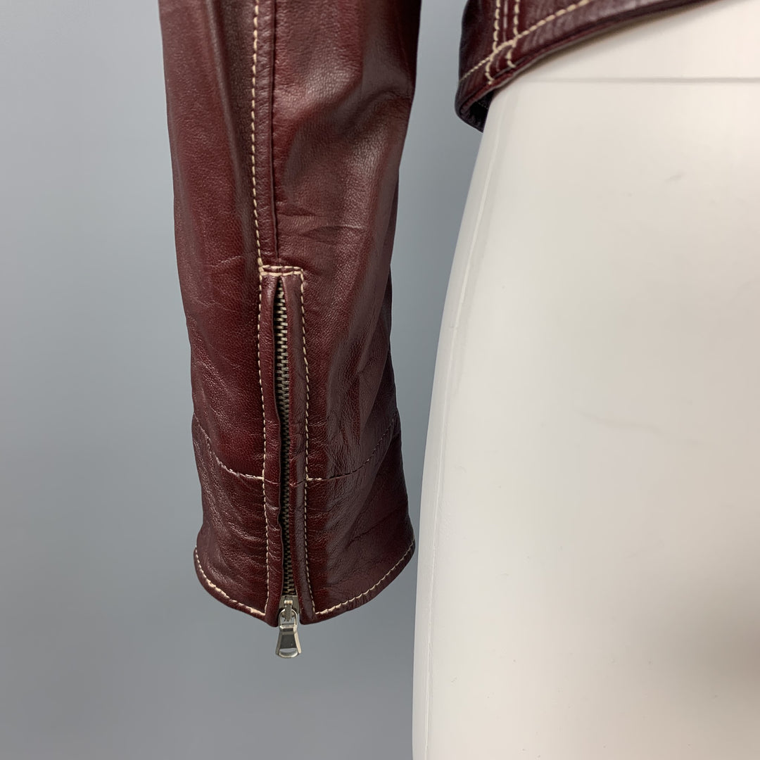 LOT78 Size 8 Burgundy Contrast Stitch Leather Zip Up Jacket