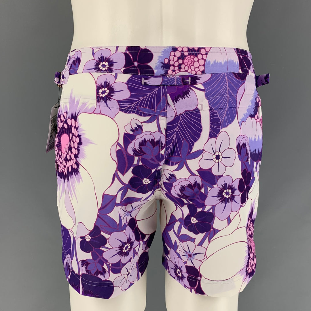 TOM FORD Size S Purple White Floral Polyamide Side Tabs Swim Trunks