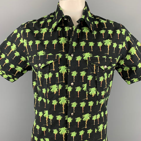 VERSACE JEANS COUTURE Size XXL Black & Green Palm Tree Print Cotton Blend Short Sleeve Shirt