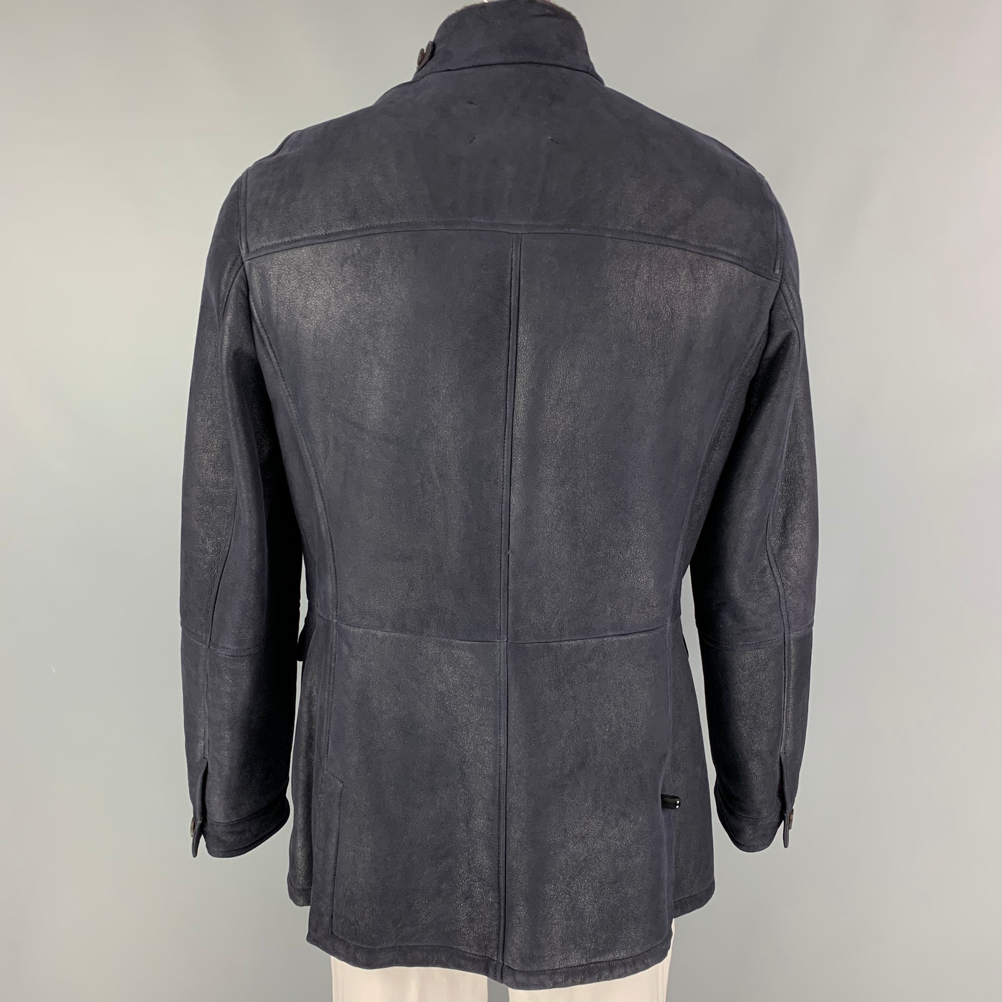 BRUNELLO CUCINELLI Size XL Navy Leather Zip & Buttons Jacket – Sui