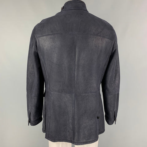BRUNELLO CUCINELLI Size XL Navy Leather Zip & Buttons Jacket