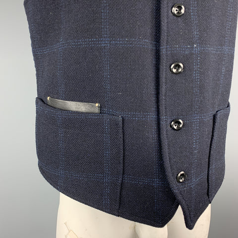 45rpm Size L Navy Plaid FOX BROTHERS Wool Leather Pocket Vest