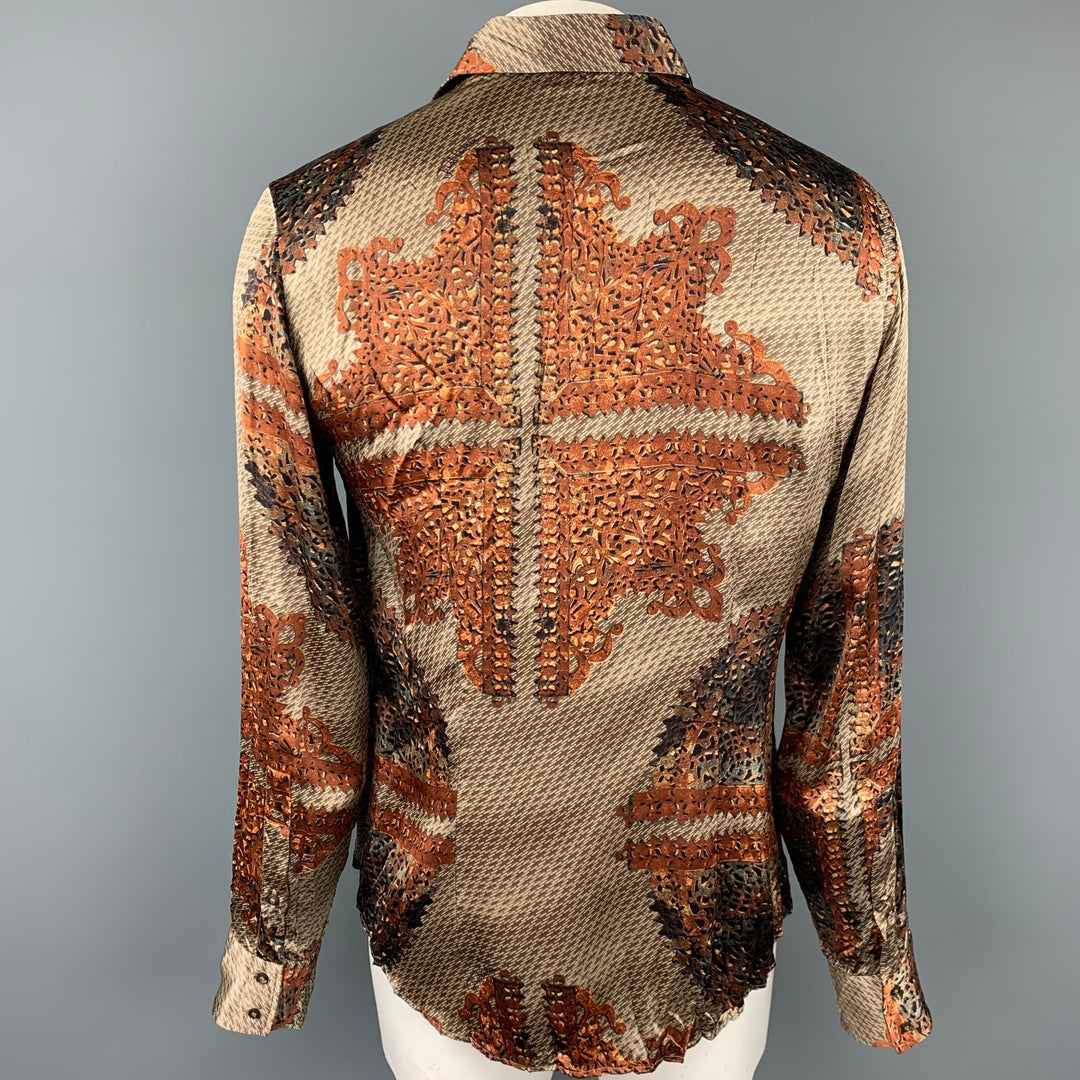 JUST CAVALLI Size L Copper & Brown Print Silk Button Up Long Sleeve Shirt