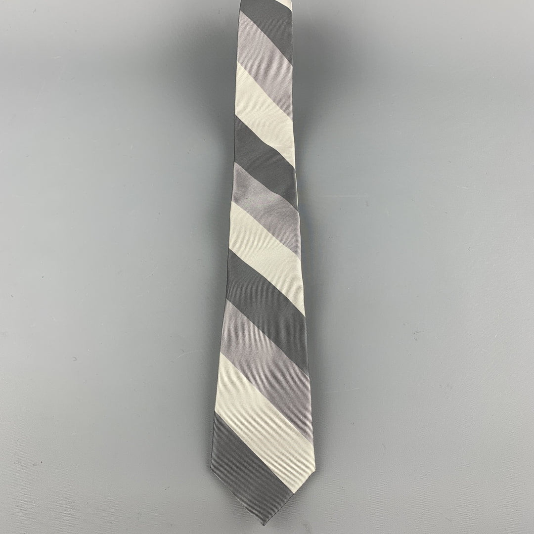 BAND OF OUTSIDERS Silver & Gray Striped Silk Skinny Tie