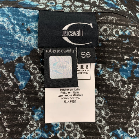 JUST CAVALLI Size XXL Blue & Black Print Cotton / Silk Tuxedo Long Sleeve Shirt