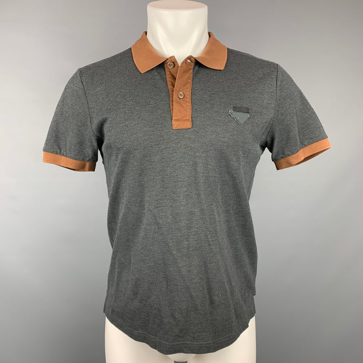 PRADA Size M Charcoal & Brown Pique Buttoned Polo